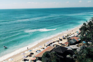 Aerial view of of the beach of Pecatu, Kuta Selatan in Bali, Indonesia