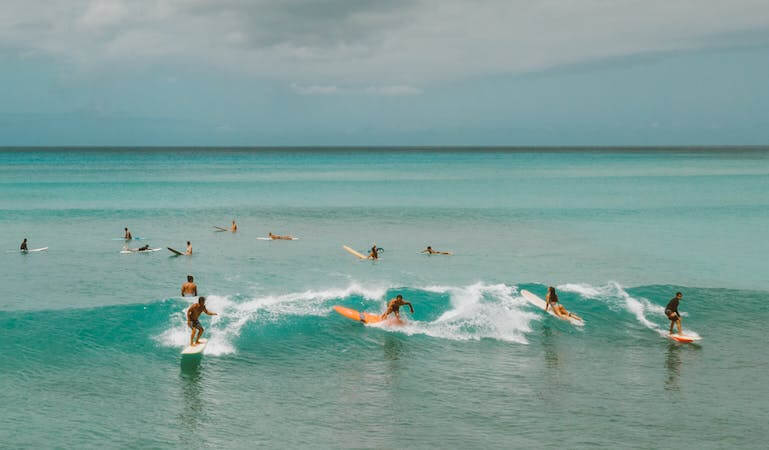 A bunch of surfers catching a wave